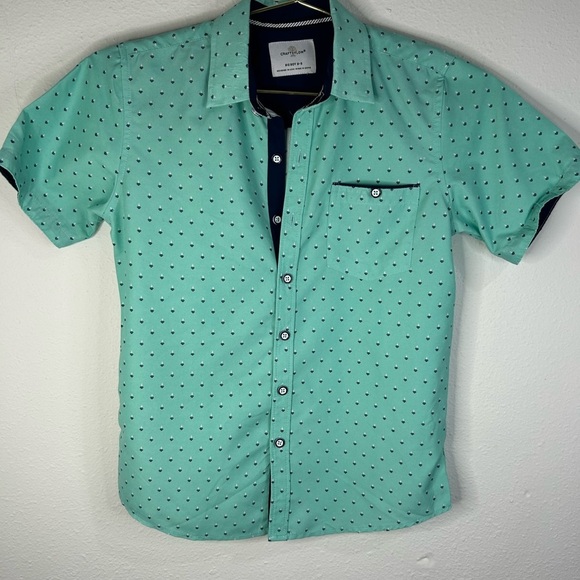 Craft + Flow Boys Size Small 8 Mint Green Short Sleeve Button Down Shirt Print - Picture 2 of 6